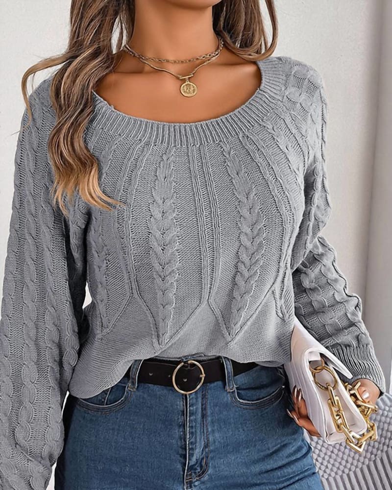 Front of a model wearing a size LARGE Allison Wide Neck Cable Knit Sweater in Gray in Gray by UNISHE. | dia_product_style_image_id:332499